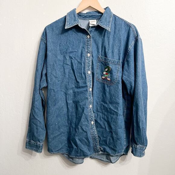 Vintage Warner Bros Marvin The Marten Embroidered Denim Button Down Shirt Large - Picture 8 of 8